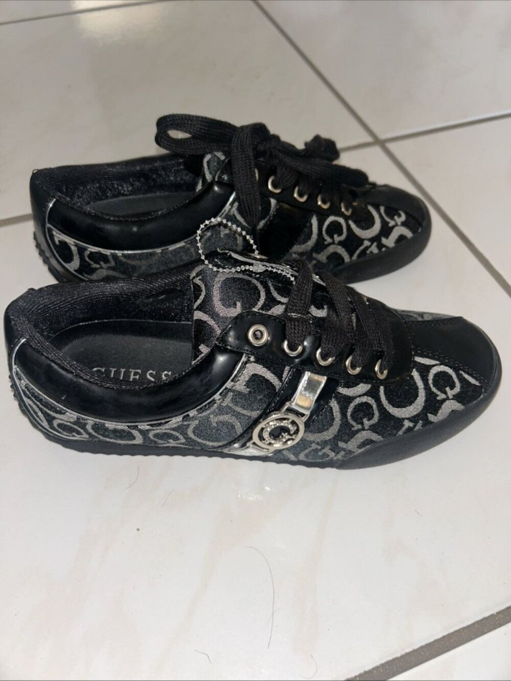 Guess Size 6 Black & Silver Sneakers By Marciano Jeslyn, New Without Box
